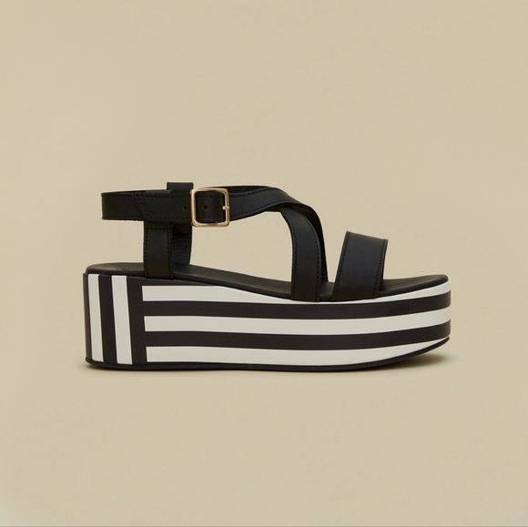 FINAL PRICE Marina Rinaldi Striped Platform Sandals Leather Black White - Picture 2 of 8